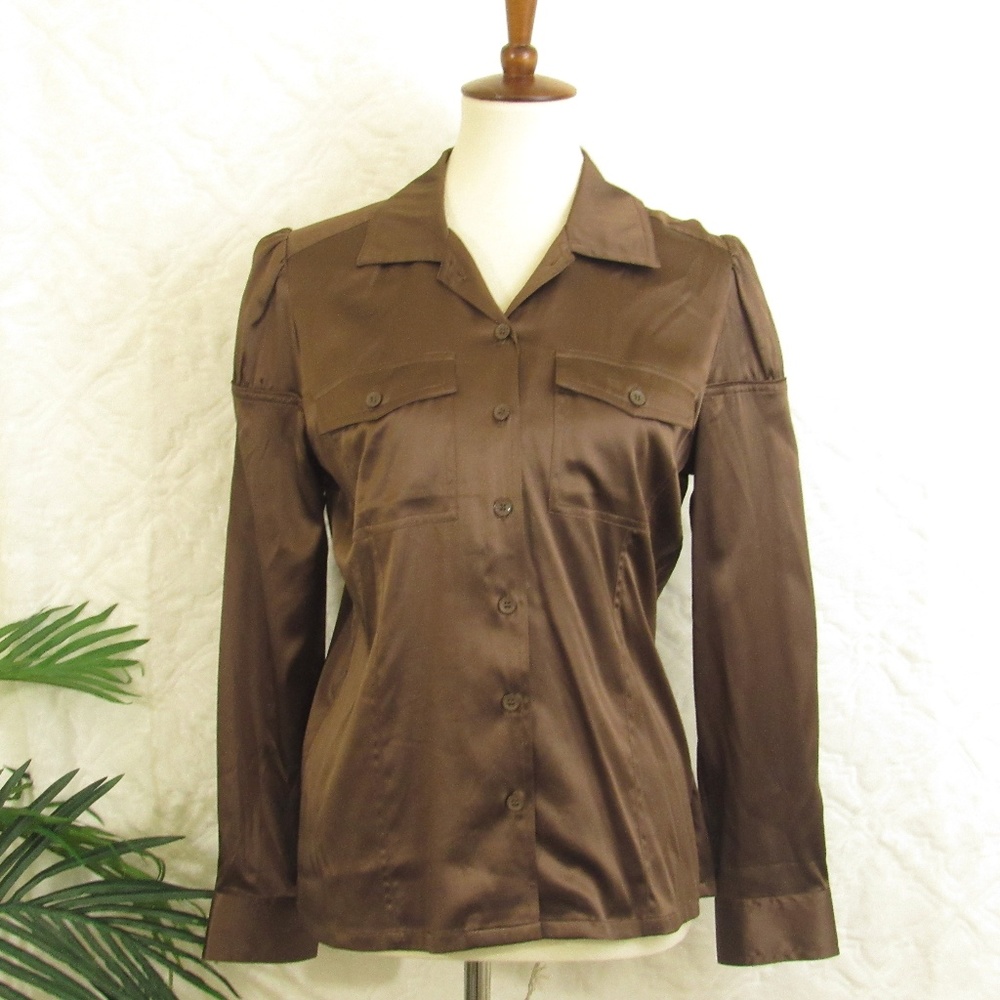 Artisan Brown Silk Button Down Blouse Sz M